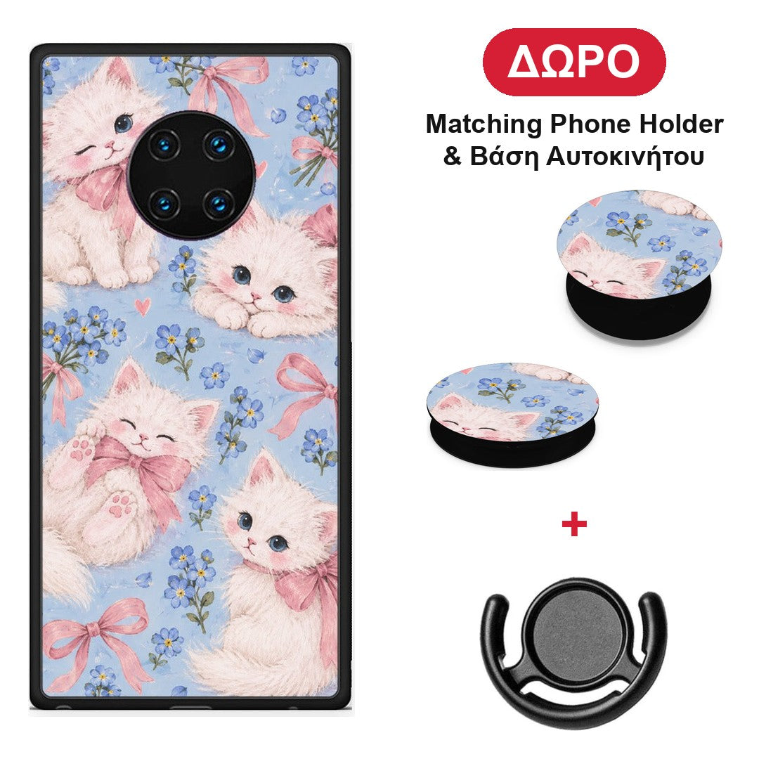 White Kittens and Blue Flowers Large - Huawei Mate 30 Pro θήκη + Δώρο Phone Holder & Βάση Αυτοκινήτου