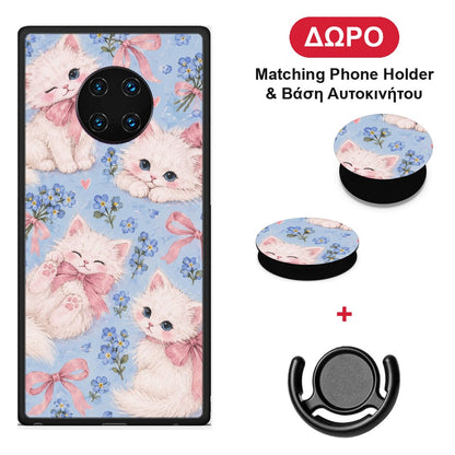 White Kittens and Blue Flowers Large - Huawei Mate 30 Pro θήκη + Δώρο Phone Holder & Βάση Αυτοκινήτου