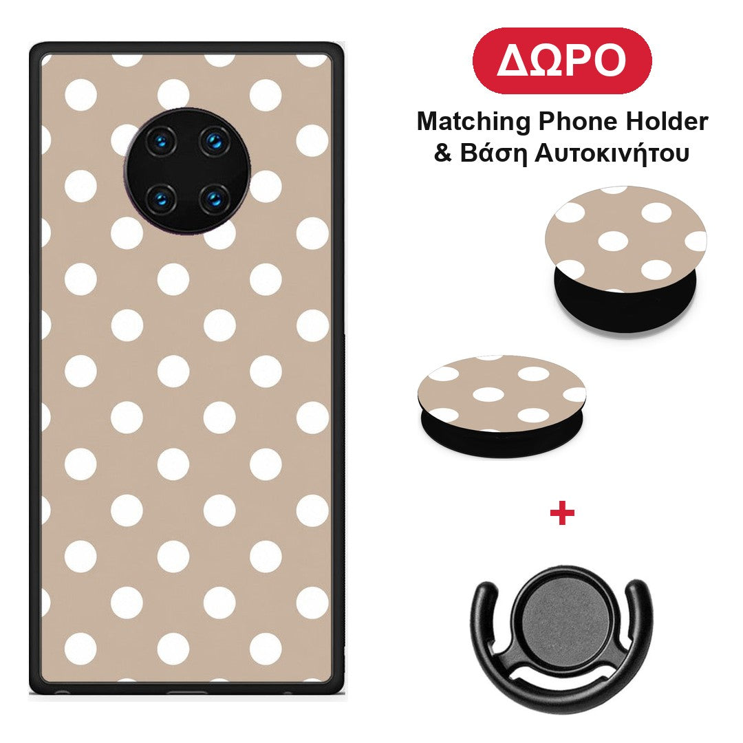 White Polka Dots on Taupe - Huawei Mate 30 Pro θήκη + Δώρο Phone Holder & Βάση Αυτοκινήτου