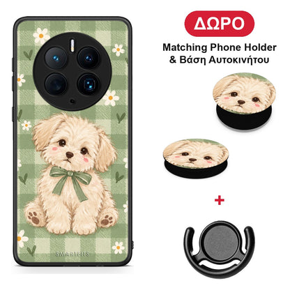 Puppy and Daisies on Sage Gingham - Huawei Mate 50 Pro θήκη + Δώρο Phone Holder & Βάση Αυτοκινήτου
