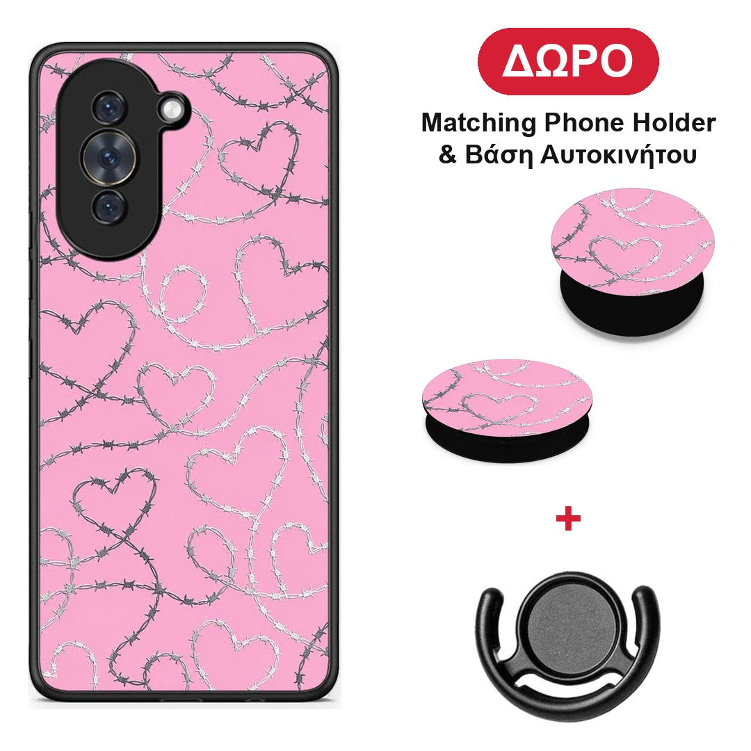 Barbed Wire Hearts on Pink - Huawei Nova 10 θήκη + Δώρο Phone Holder & Βάση Αυτοκινήτου