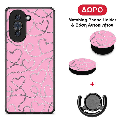 Barbed Wire Hearts on Pink - Huawei Nova 10 θήκη + Δώρο Phone Holder & Βάση Αυτοκινήτου