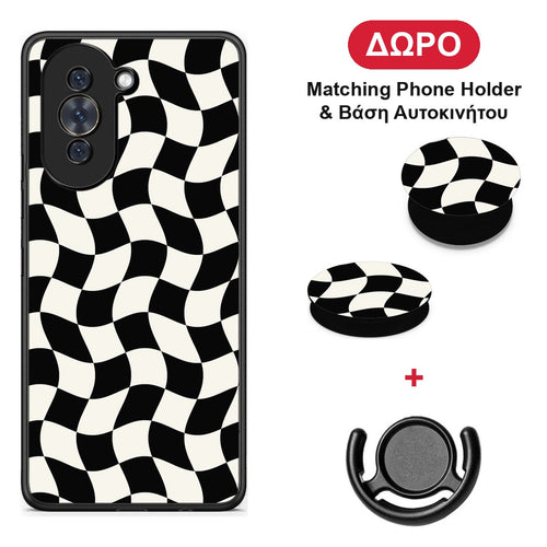 Black and Cream Wavy Checkerboard - Huawei Nova 10 θήκη + Δώρο Phone Holder & Βάση Αυτοκινήτου