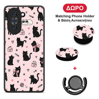Black Cat Doodles on Pink - Huawei Nova 10 θήκη + Δώρο Phone Holder & Βάση Αυτοκινήτου
