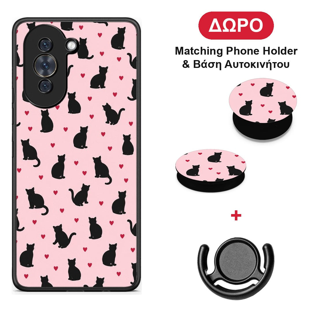 Black Cat Silhouettes and Hearts on Pink - Huawei Nova 10 θήκη + Δώρο Phone Holder & Βάση Αυτοκινήτου