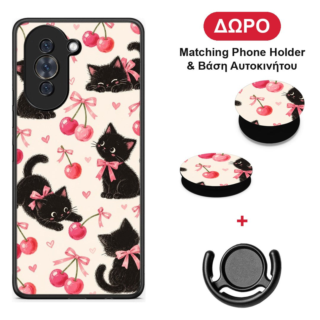 Black Kittens and Cherries on Cream - Huawei Nova 10 θήκη + Δώρο Phone Holder & Βάση Αυτοκινήτου