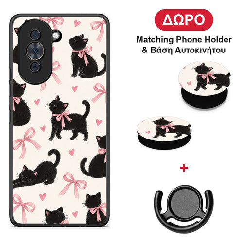 Black Kittens and Pink Bows on Cream Large - Huawei Nova 10 θήκη + Δώρο Phone Holder & Βάση Αυτοκινήτου
