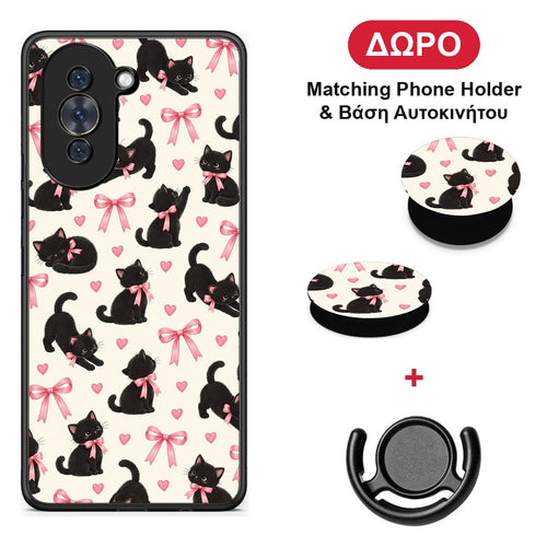 Black Kittens and Pink Bows on Cream Small - Huawei Nova 10 θήκη + Δώρο Phone Holder & Βάση Αυτοκινήτου