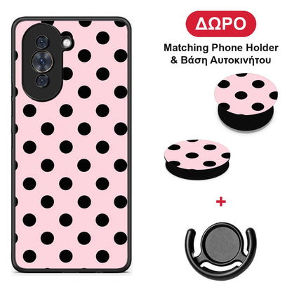 Black Polka Dots on Pink - Huawei Nova 10 θήκη + Δώρο Phone Holder & Βάση Αυτοκινήτου