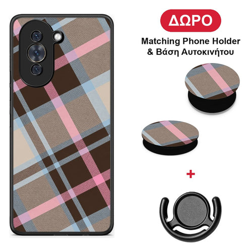 Brown Pink and Blue Diagonal Plaid - Huawei Nova 10 θήκη + Δώρο Phone Holder & Βάση Αυτοκινήτου