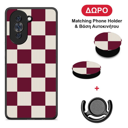 Burgundy and Cream Striped Checks - Huawei Nova 10 θήκη + Δώρο Phone Holder & Βάση Αυτοκινήτου