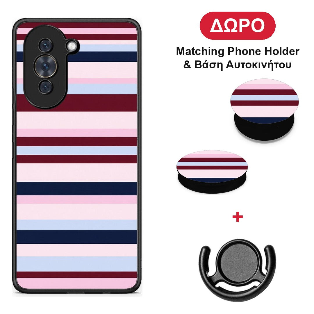 Burgundy Pink and Blue Horizontal Stripes - Huawei Nova 10 θήκη + Δώρο Phone Holder & Βάση Αυτοκινήτου