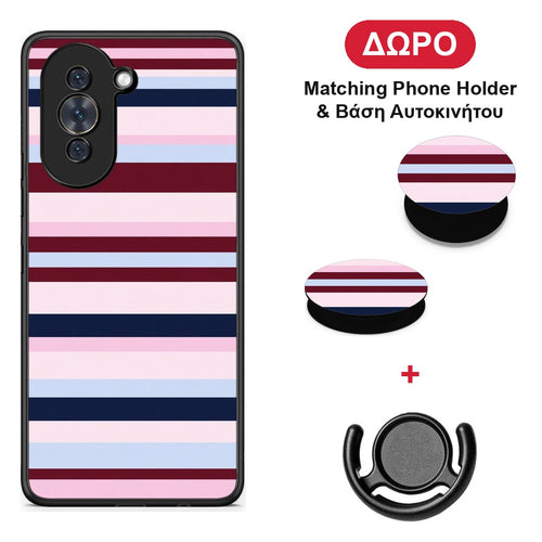 Burgundy Pink and Blue Horizontal Stripes - Huawei Nova 10 θήκη + Δώρο Phone Holder & Βάση Αυτοκινήτου