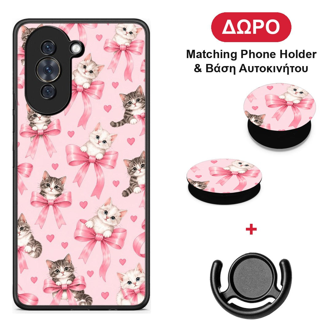 Kittens and Pink Bows on Pink - Huawei Nova 10 θήκη + Δώρο Phone Holder & Βάση Αυτοκινήτου