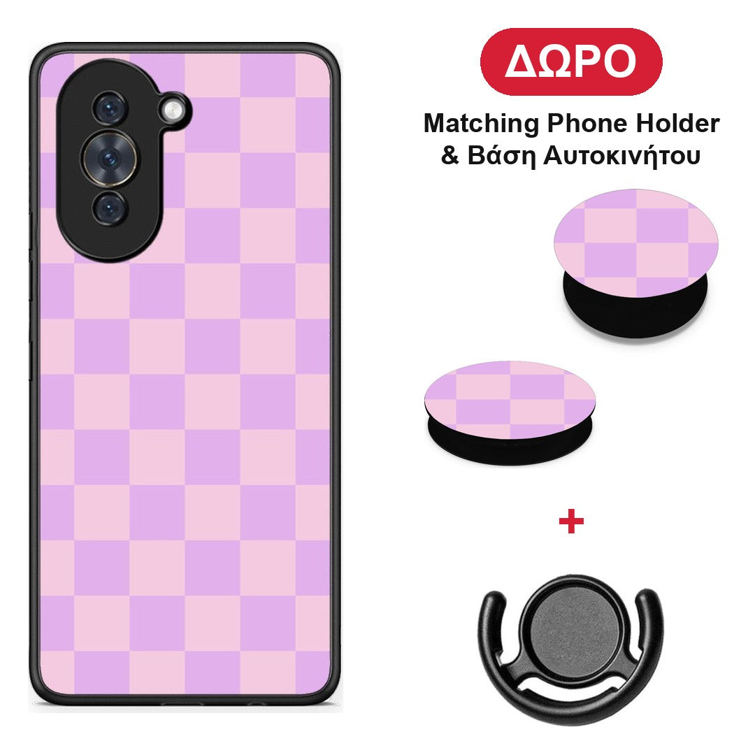 Lavender and Pink Checkerboard - Huawei Nova 10 θήκη + Δώρο Phone Holder & Βάση Αυτοκινήτου