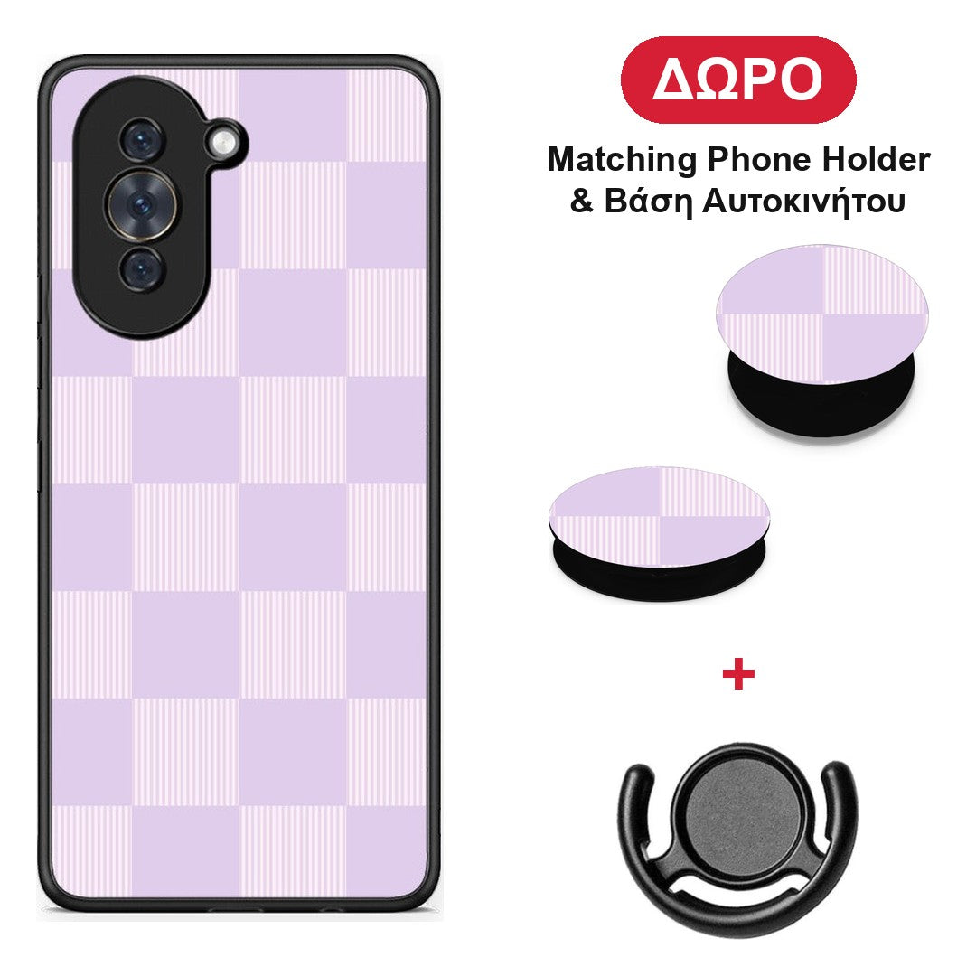 Lilac and Cream Striped Checks - Huawei Nova 10 θήκη + Δώρο Phone Holder & Βάση Αυτοκινήτου
