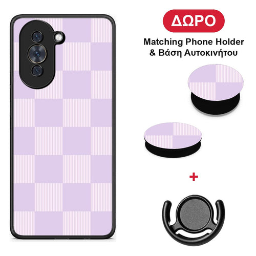 Lilac and Cream Striped Checks - Huawei Nova 10 θήκη + Δώρο Phone Holder & Βάση Αυτοκινήτου