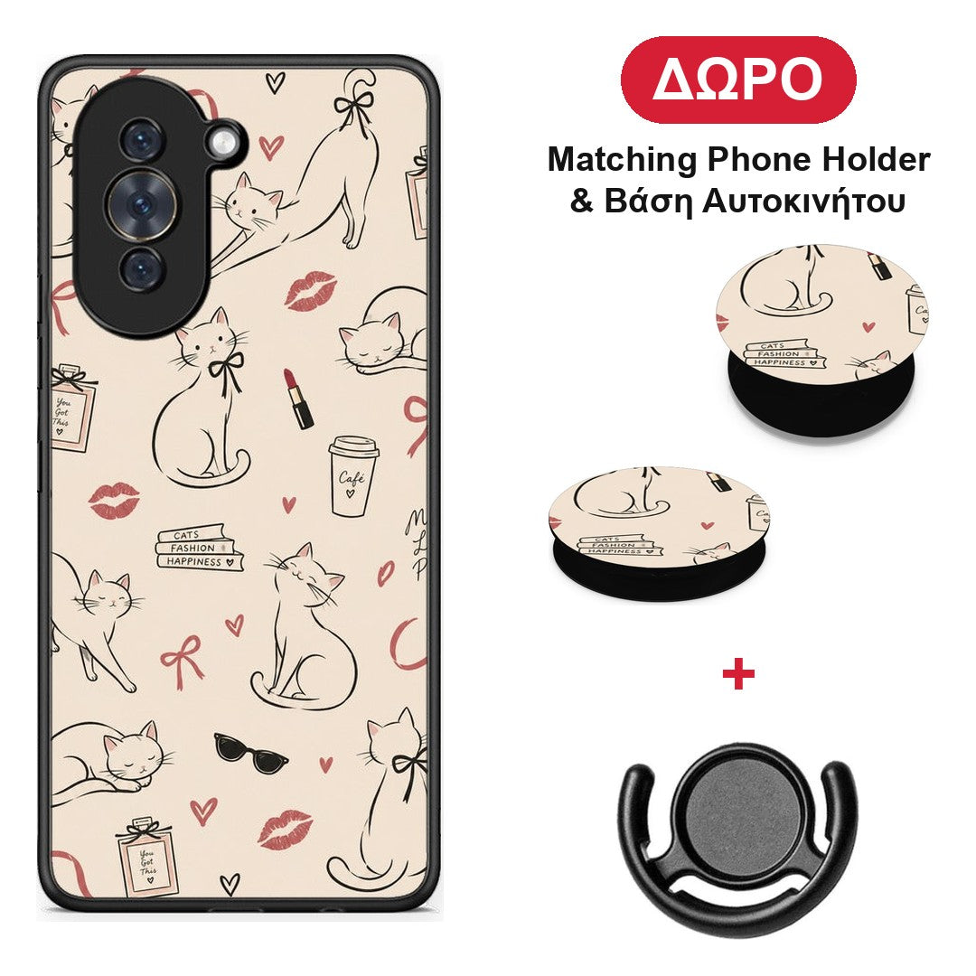 Minimal Cat and Fashion Doodles on Cream - Huawei Nova 10 θήκη + Δώρο Phone Holder & Βάση Αυτοκινήτου
