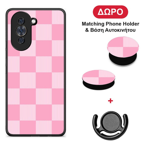 Pink and White Striped Checks - Huawei Nova 10 θήκη + Δώρο Phone Holder & Βάση Αυτοκινήτου