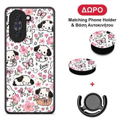 Pink Florals Puppies and Bunnies on White - Huawei Nova 10 θήκη + Δώρο Phone Holder & Βάση Αυτοκινήτου