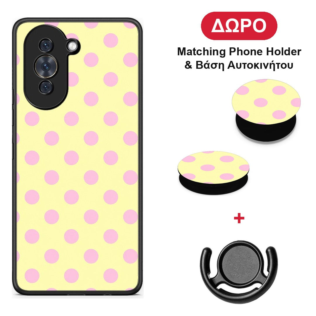 Pink Polka Dots on Yellow - Huawei Nova 10 θήκη + Δώρο Phone Holder & Βάση Αυτοκινήτου