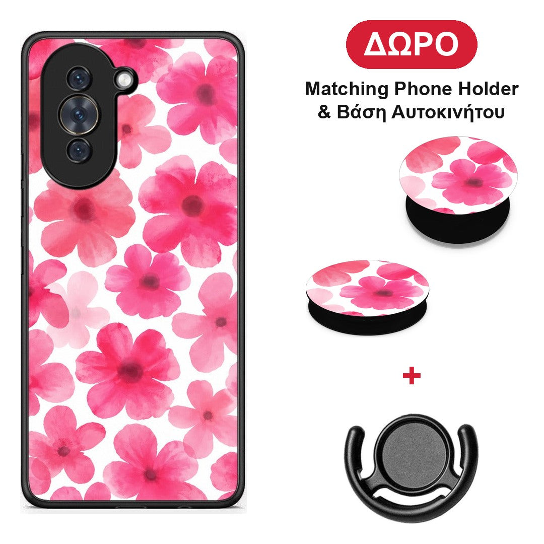 Pink Watercolour Flowers on White - Huawei Nova 10 θήκη + Δώρο Phone Holder & Βάση Αυτοκινήτου