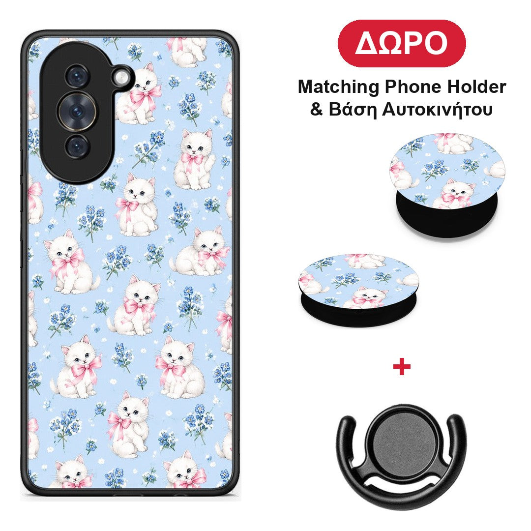 White Kittens and Blue Flowers Small - Huawei Nova 10 θήκη + Δώρο Phone Holder & Βάση Αυτοκινήτου