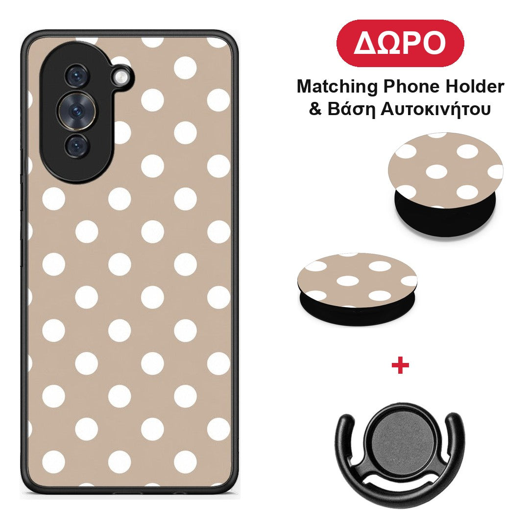White Polka Dots on Taupe - Huawei Nova 10 θήκη + Δώρο Phone Holder & Βάση Αυτοκινήτου