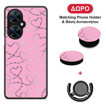 Barbed Wire Hearts on Pink - Huawei Nova 11i θήκη + Δώρο Phone Holder & Βάση Αυτοκινήτου