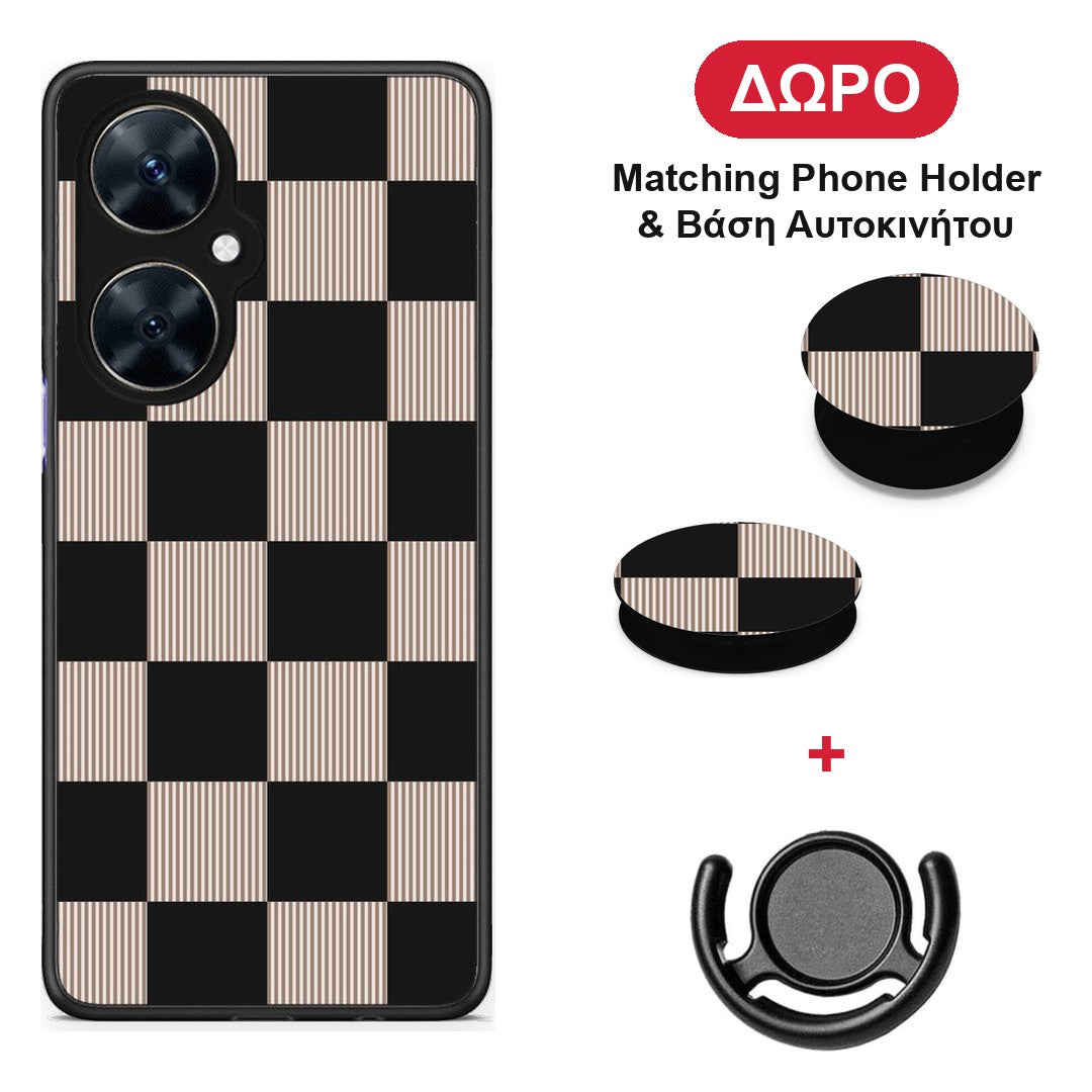 Black and Taupe Striped Checks - Huawei Nova 11i θήκη + Δώρο Phone Holder & Βάση Αυτοκινήτου
