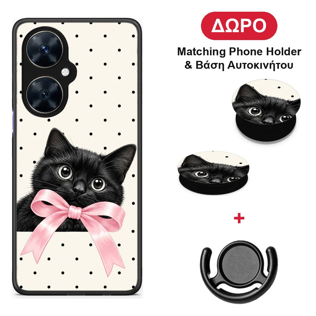 Black Kitten Pink Bow and Polka Dots - Huawei Nova 11i θήκη + Δώρο Phone Holder & Βάση Αυτοκινήτου