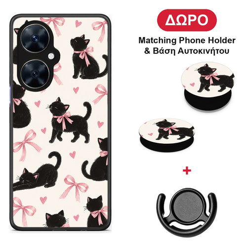 Black Kittens and Pink Bows on Cream Large - Huawei Nova 11i θήκη + Δώρο Phone Holder & Βάση Αυτοκινήτου
