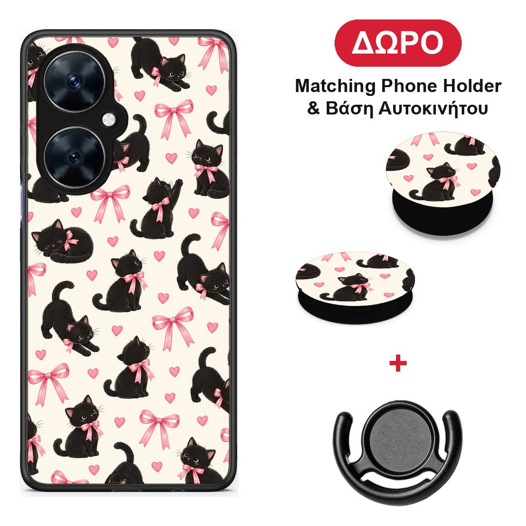 Black Kittens and Pink Bows on Cream Small - Huawei Nova 11i θήκη + Δώρο Phone Holder & Βάση Αυτοκινήτου
