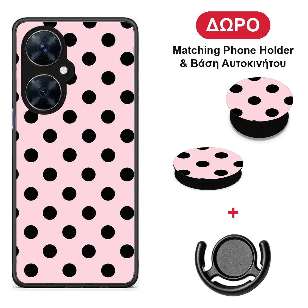 Black Polka Dots on Pink - Huawei Nova 11i θήκη + Δώρο Phone Holder & Βάση Αυτοκινήτου