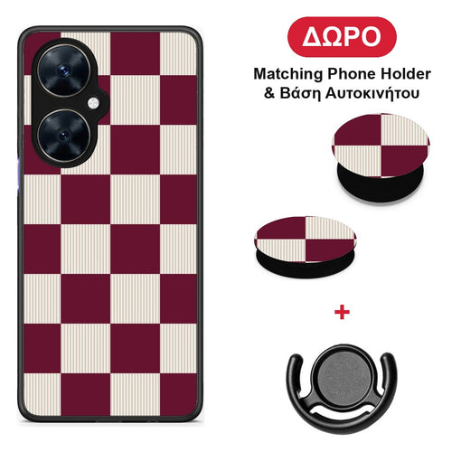 Burgundy and Cream Striped Checks - Huawei Nova 11i θήκη + Δώρο Phone Holder & Βάση Αυτοκινήτου