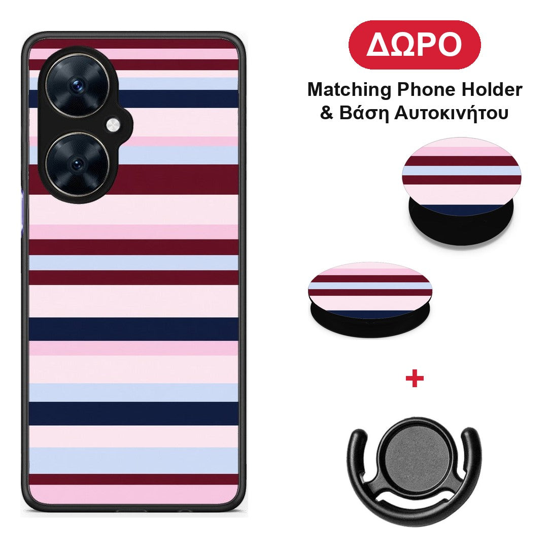 Burgundy Pink and Blue Horizontal Stripes - Huawei Nova 11i θήκη + Δώρο Phone Holder & Βάση Αυτοκινήτου