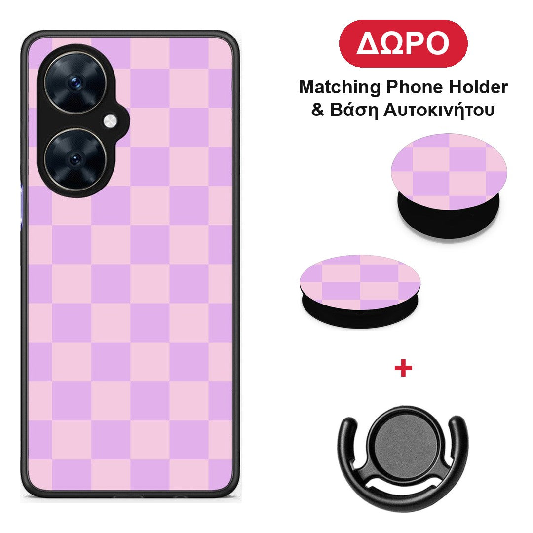 Lavender and Pink Checkerboard - Huawei Nova 11i θήκη + Δώρο Phone Holder & Βάση Αυτοκινήτου