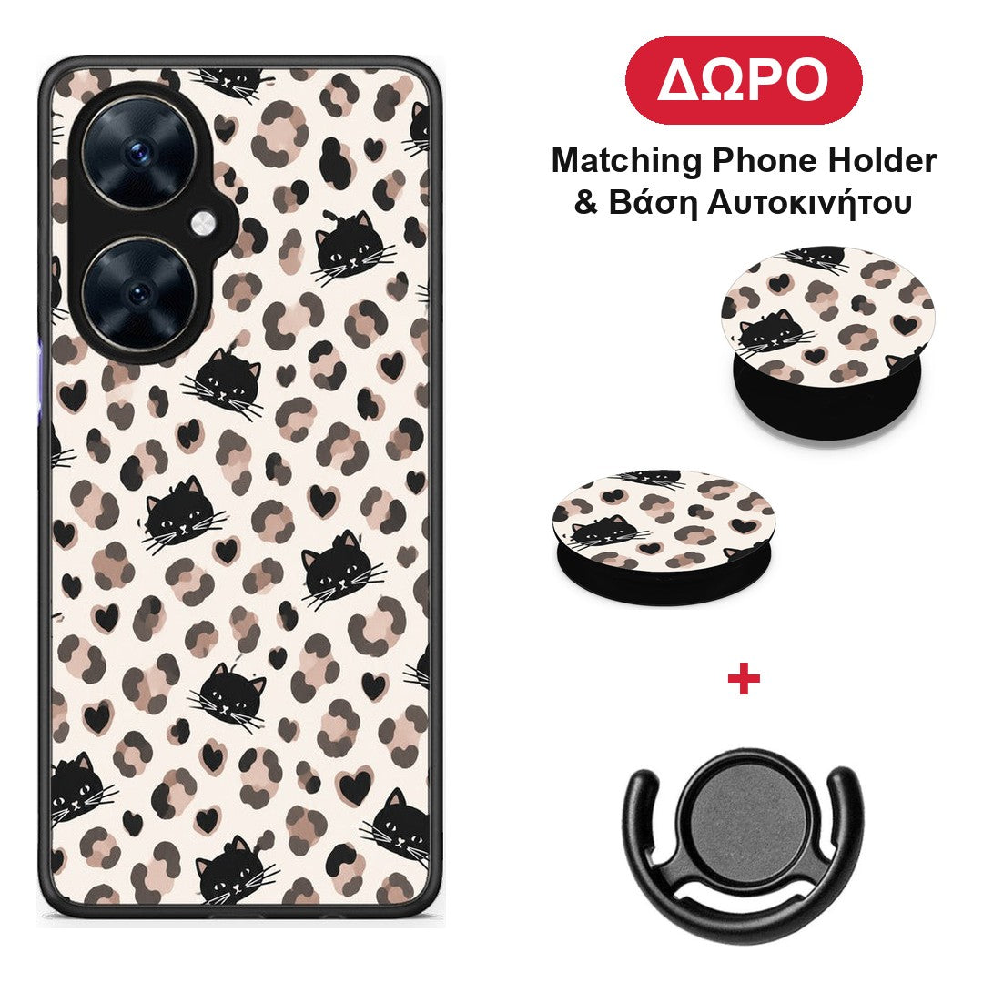 Leopard Spots and Black Cats on Cream - Huawei Nova 11i θήκη + Δώρο Phone Holder & Βάση Αυτοκινήτου