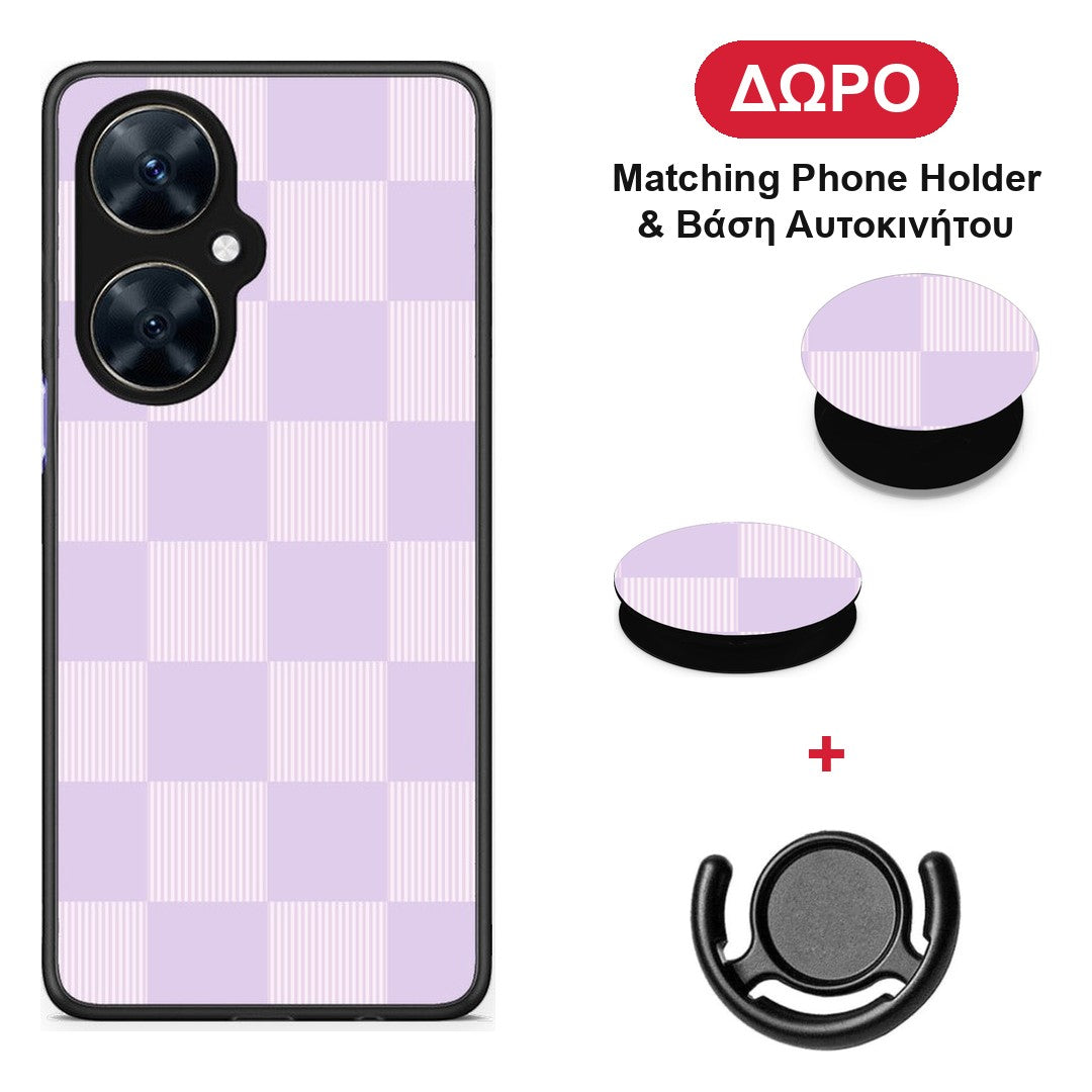 Lilac and Cream Striped Checks - Huawei Nova 11i θήκη + Δώρο Phone Holder & Βάση Αυτοκινήτου
