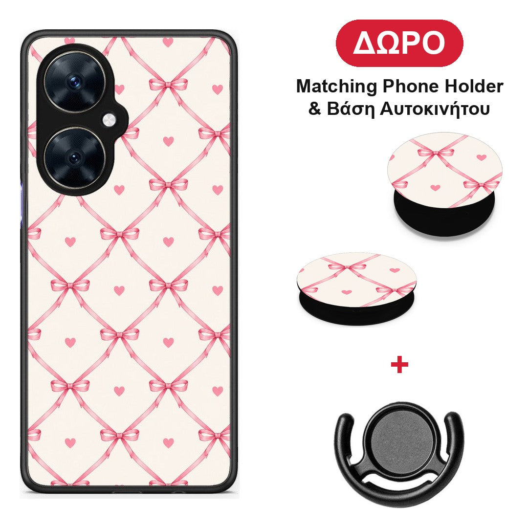 Pink Bow Lattice and Hearts on Cream - Huawei Nova 11i θήκη + Δώρο Phone Holder & Βάση Αυτοκινήτου