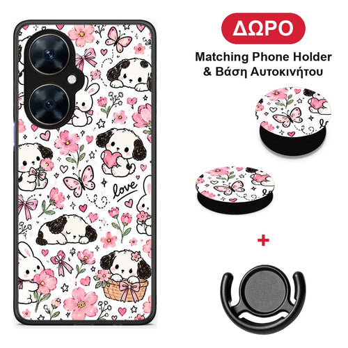 Pink Florals Puppies and Bunnies on White - Huawei Nova 11i θήκη + Δώρο Phone Holder & Βάση Αυτοκινήτου