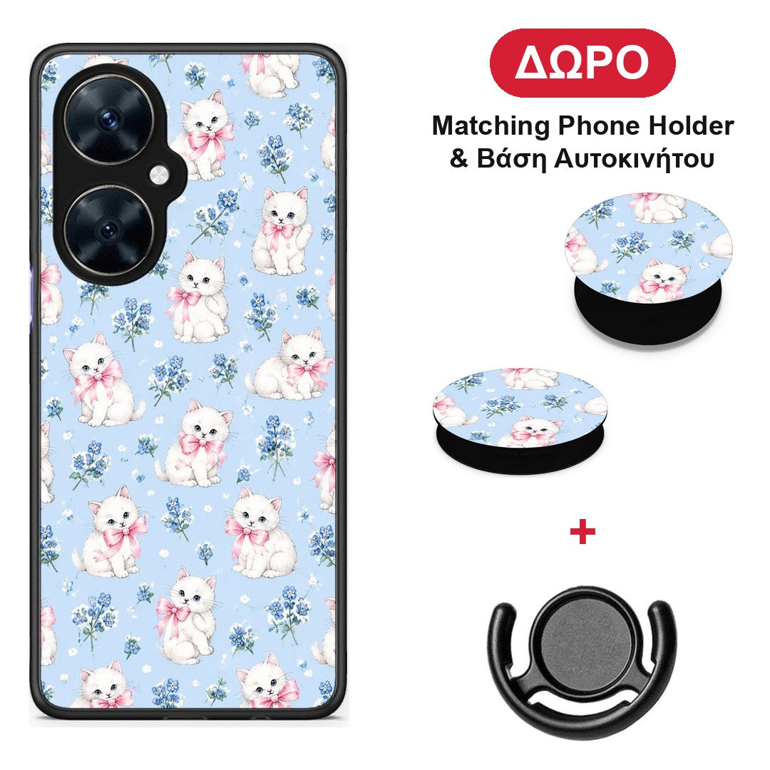 White Kittens and Blue Flowers Small - Huawei Nova 11i θήκη + Δώρο Phone Holder & Βάση Αυτοκινήτου