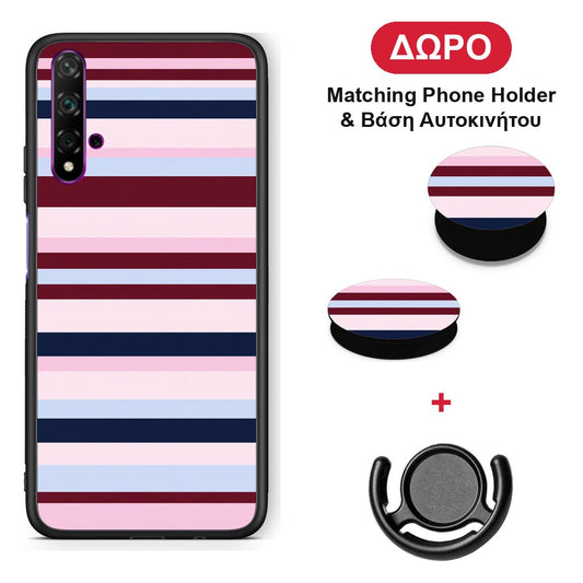 Burgundy Pink and Blue Horizontal Stripes - Huawei Nova 5T / Honor 20 θήκη + Δώρο Phone Holder & Βάση Αυτοκινήτου