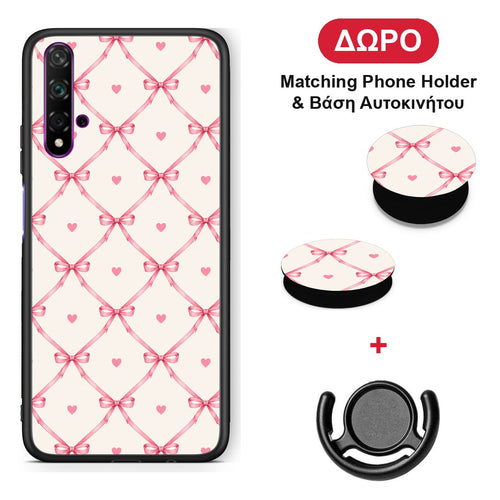 Pink Bow Lattice and Hearts on Cream - Huawei Nova 5T / Honor 20 θήκη + Δώρο Phone Holder & Βάση Αυτοκινήτου