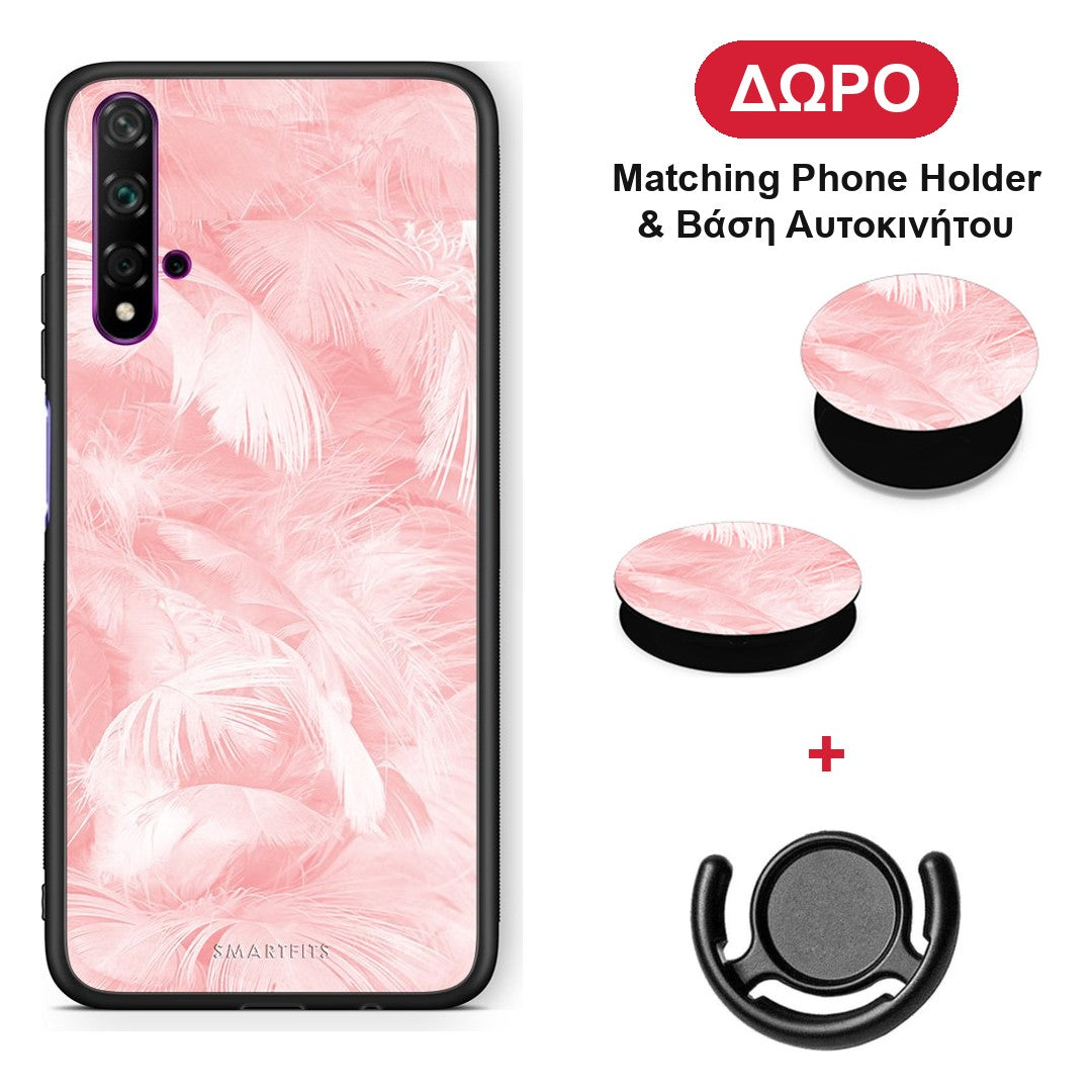 Boho Pink Feather - Huawei Nova 5T / Honor 20 θήκη + Δώρο Phone Holder & Βάση Αυτοκινήτου