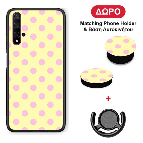 Pink Polka Dots on Yellow - Huawei Nova 5T / Honor 20 θήκη + Δώρο Phone Holder & Βάση Αυτοκινήτου