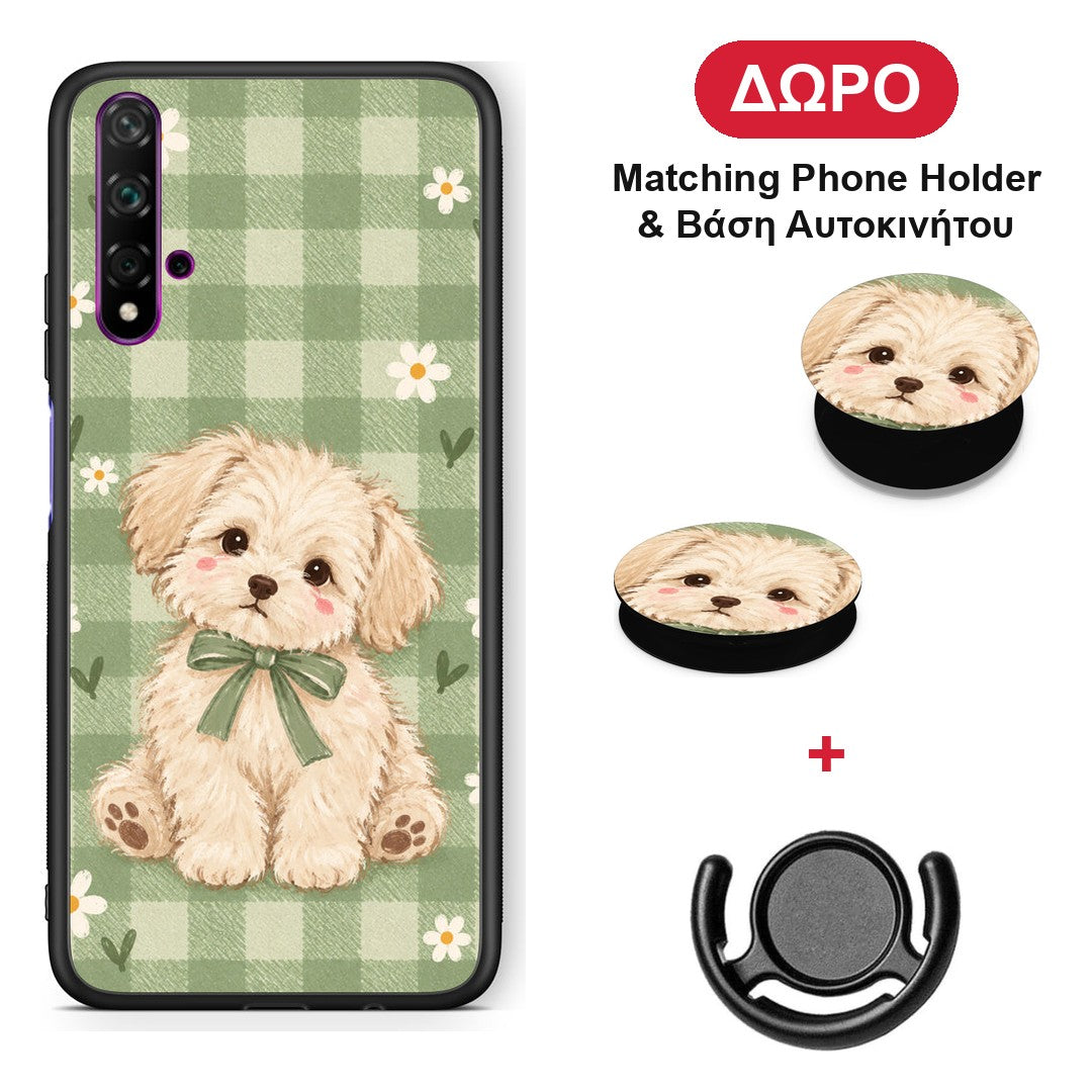 Puppy and Daisies on Sage Gingham - Huawei Nova 5T / Honor 20 θήκη + Δώρο Phone Holder & Βάση Αυτοκινήτου