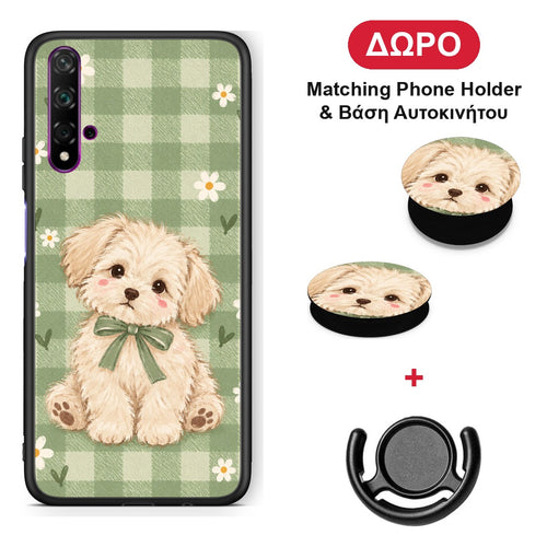 Puppy and Daisies on Sage Gingham - Huawei Nova 5T / Honor 20 θήκη + Δώρο Phone Holder & Βάση Αυτοκινήτου