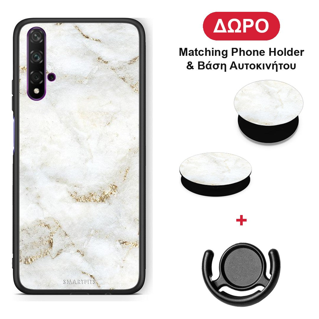 White Gold Marble - Huawei Nova 5T / Honor 20 θήκη + Δώρο Phone Holder & Βάση Αυτοκινήτου