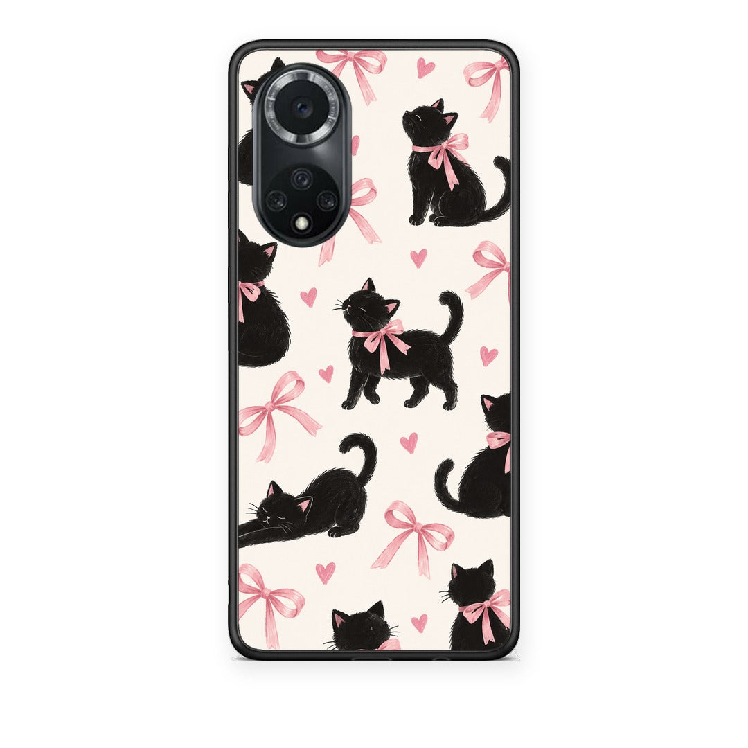 Θήκη Huawei Nova 9 / Honor 50 Black Kittens and Pink Bows on Cream Large από τη Smartfits με σχέδιο στο πίσω μέρος και μαύρο περίβλημα | Huawei Nova 9 / Honor 50 Black Kittens and Pink Bows on Cream Large case with colorful back and black bezels